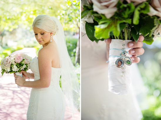 Bride with rose bouquet charms photo memorial tribute