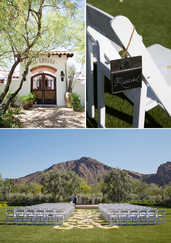 Outdoor wedding venue with mountain views and white chairs