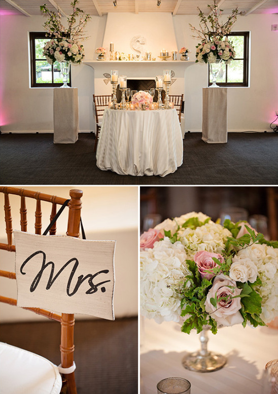 Elegant wedding sweetheart table setting with Mrs chair sign