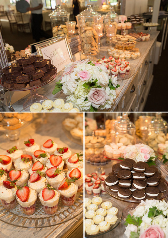 Delicious wedding dessert buffet with cakes, cookies, and brownies