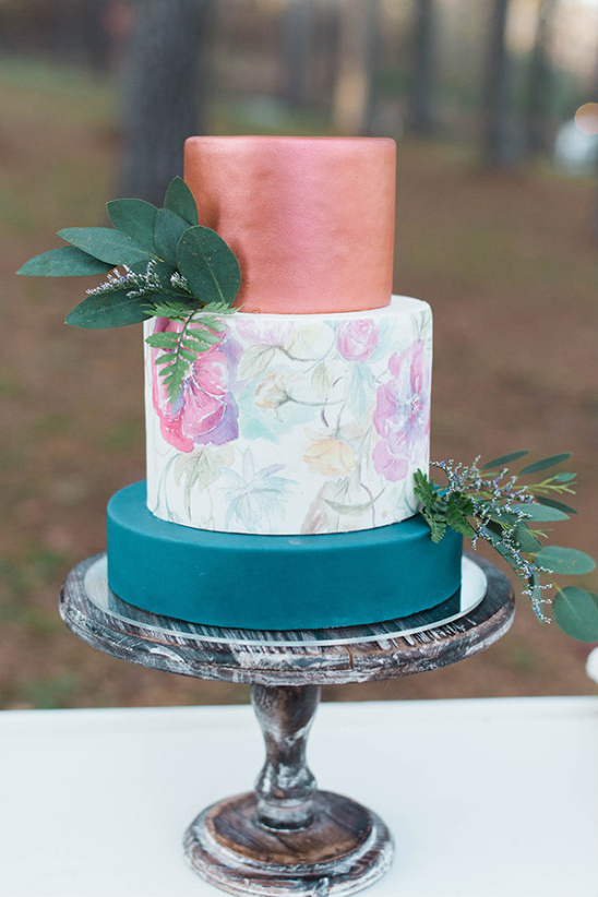 copper and blue floral wedding cake
