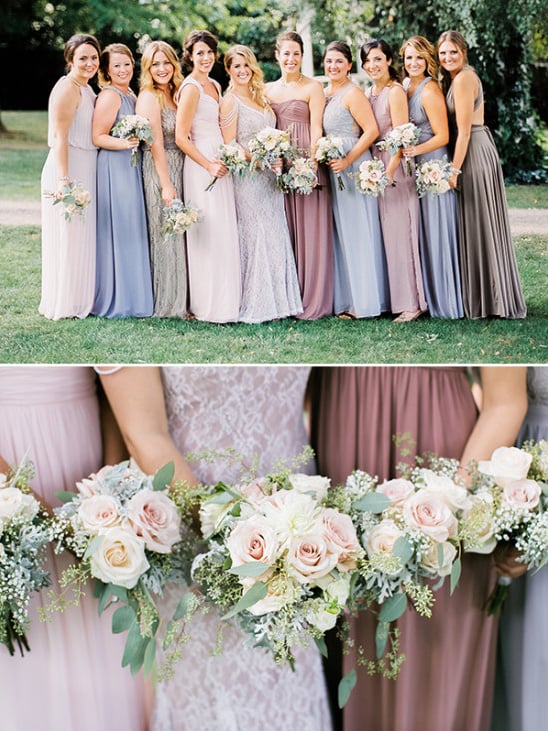 purple bridesmaids with rose bouquets