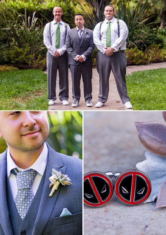 Groomsmen in grey with succulent boutonniers