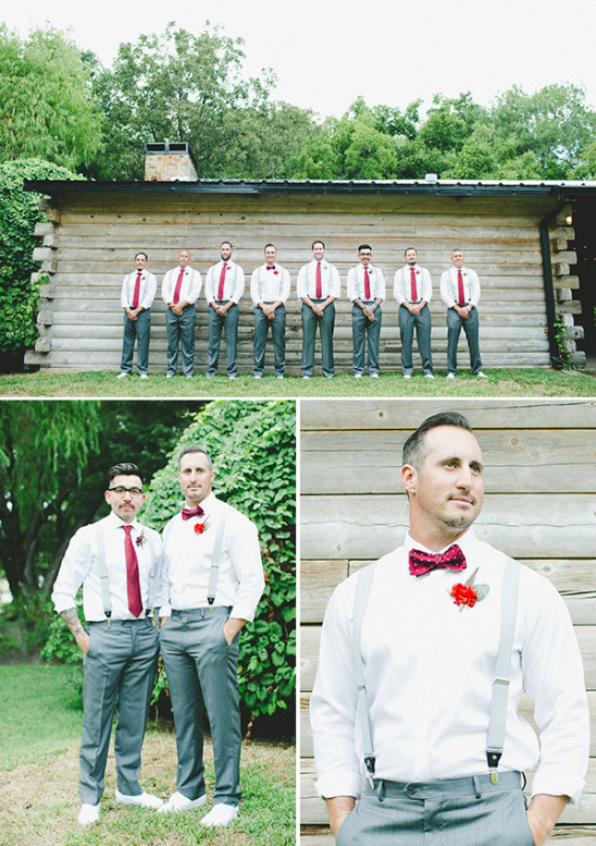 Groomsmen in grey suits, burgundy ties, rustic setting