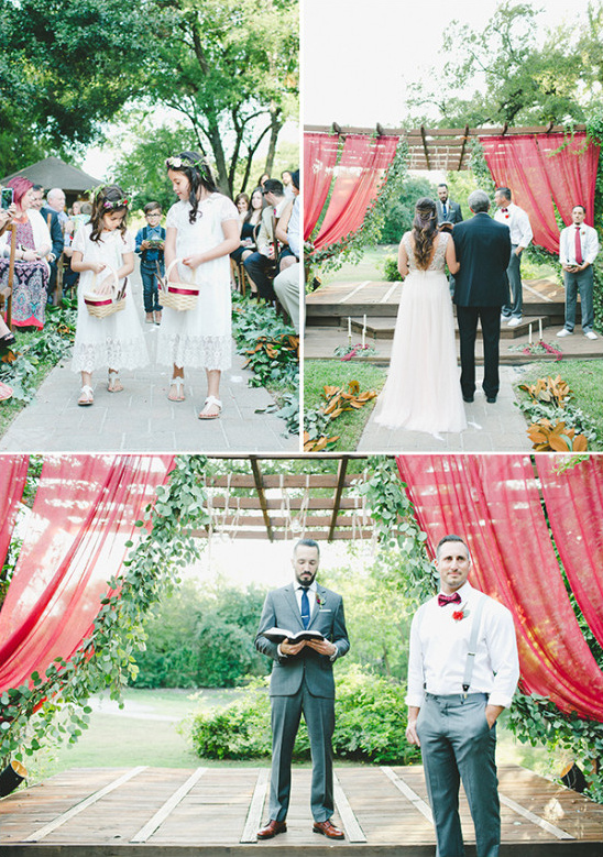 Outdoor wedding ceremony with flower girls and officiant