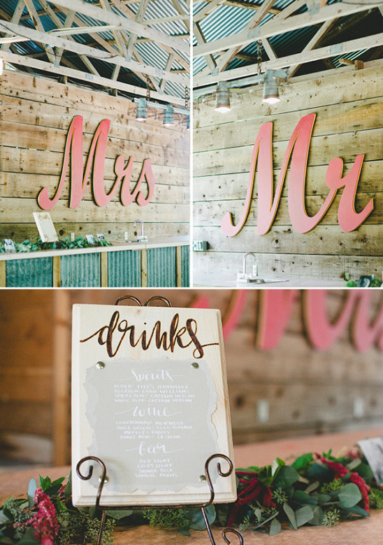 Mr and Mrs wedding reception drinks and decor sign