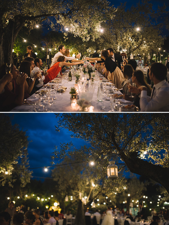 Outdoor wedding reception with string lights at night