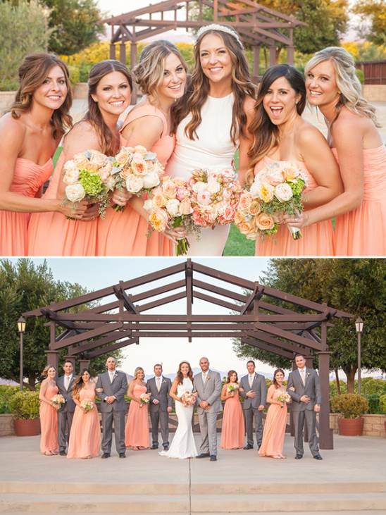 Bride and wedding party in peach dresses at outdoor wedding