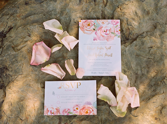 Elegant floral wedding invitation suite with rose petals
