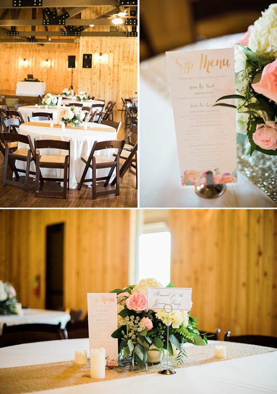 Elegant wedding reception tablescape with floral centerpiece and menu cards