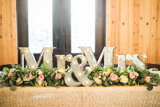 Romantic lighted Mr and Mrs wedding head table sign