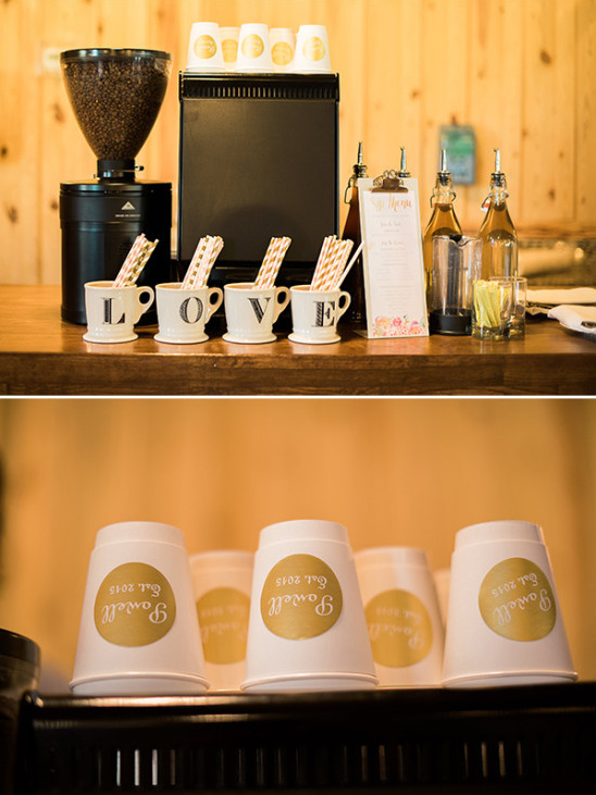 Wedding coffee bar with LOVE mugs and personalized cups