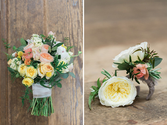 Elegant bridal bouquet and boutonniere on wood surface