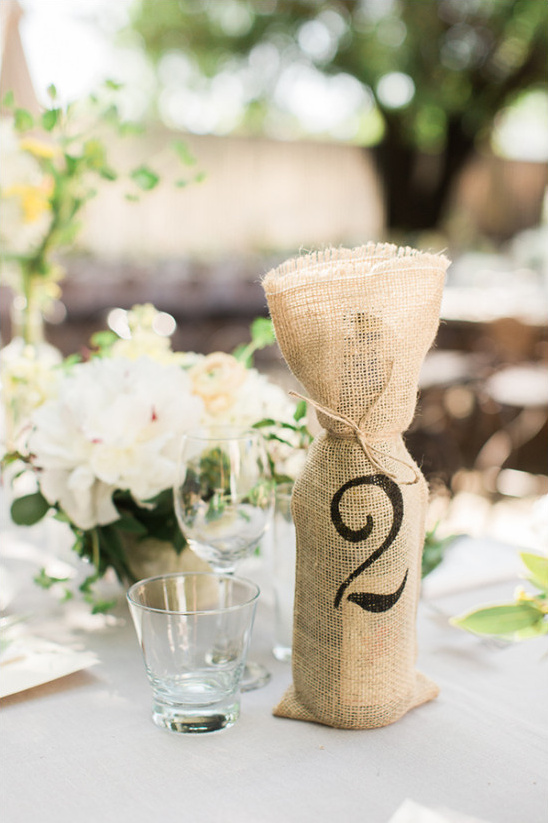 Rustic wedding table number two burlap wine bottle