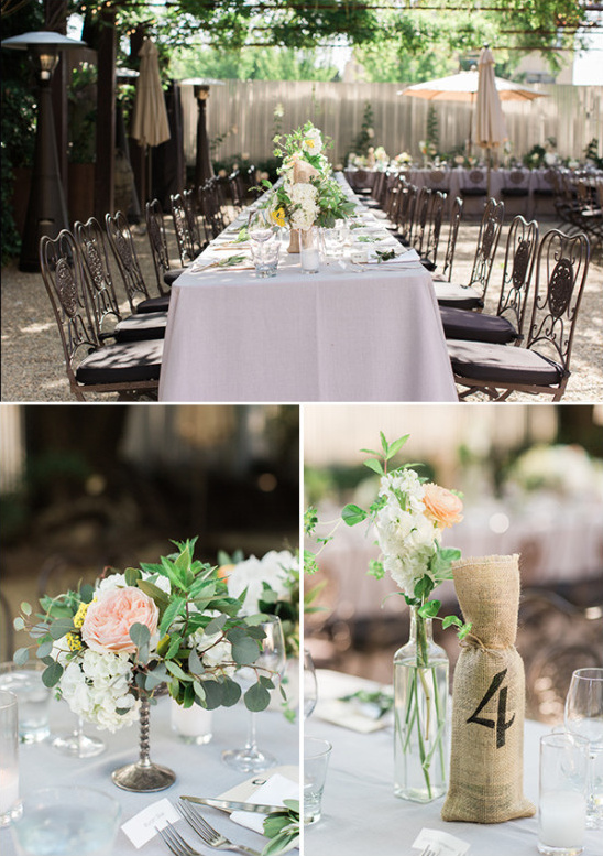 Outdoor wedding reception with floral centerpieces