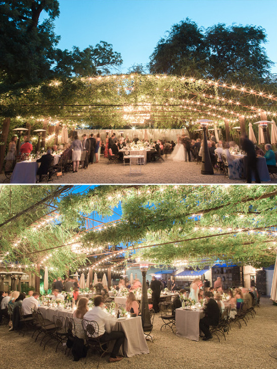 Romantic outdoor wedding reception under fairy lights