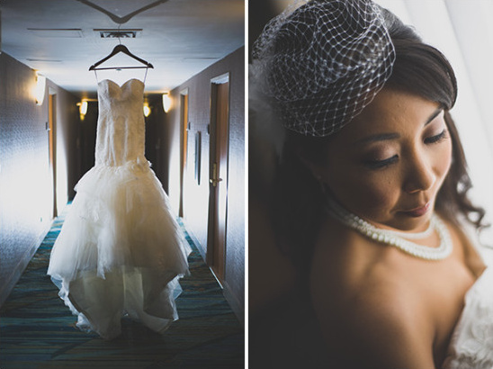 Vintage bridal look with birdcage veil and pearls