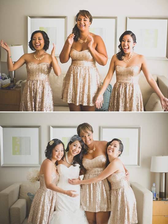 Gold sequined bridesmaid dresses with sweetheart neckline