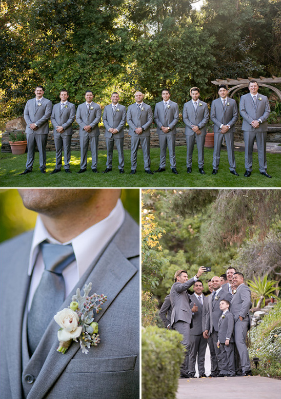 Groomsmen in gray suits at outdoor wedding party