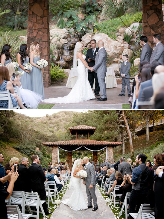 Outdoor wedding ceremony and reception with guests