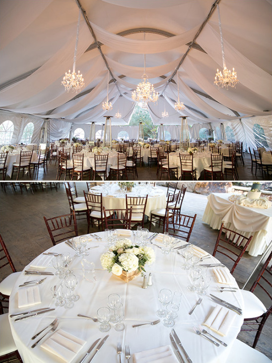 Elegant tented wedding reception with chandeliers decor