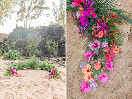 tropical flower and fern beach wedding decor