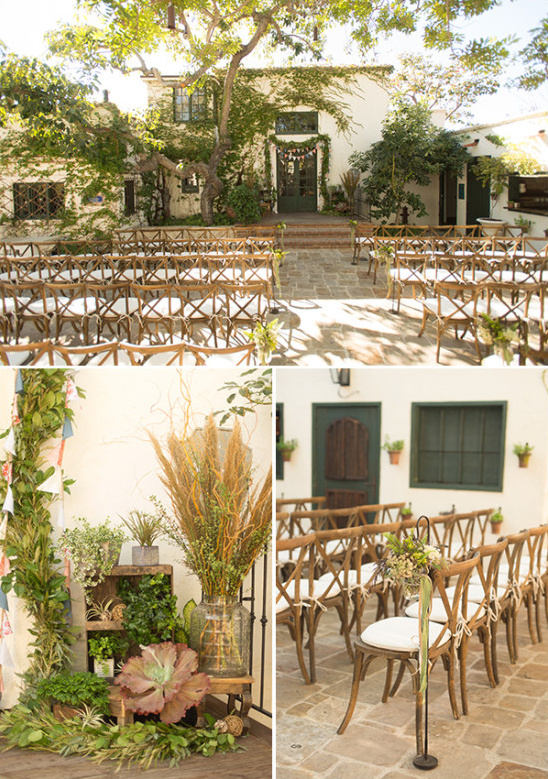 Rustic chic outdoor wedding ceremony chairs floral decor