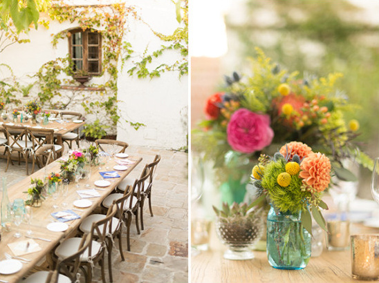 Outdoor wedding reception with floral centerpieces