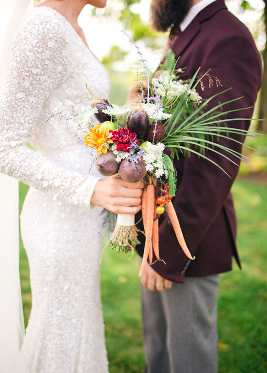 Organic wedding bouquet with flowers and vegetables