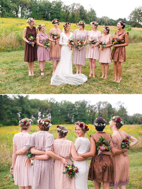 Bride with bridesmaids in flower crowns and vintage dresses