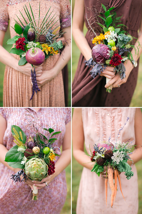 Bridesmaids hold unique vegetable and flower bouquets