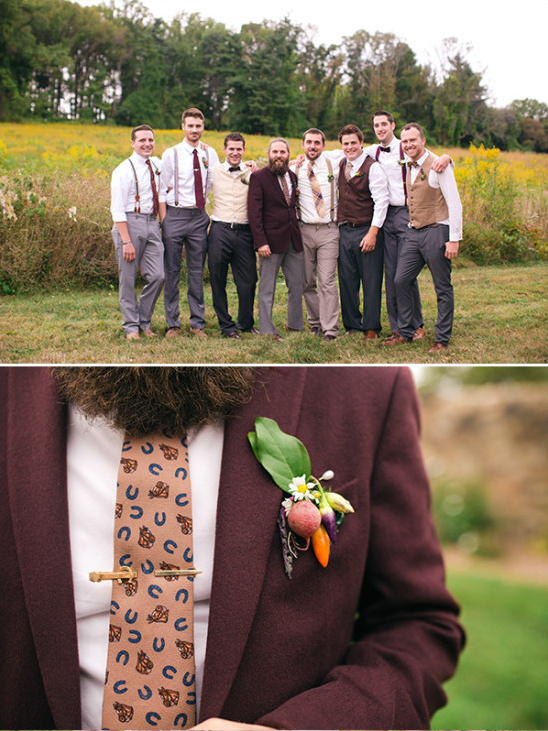 Mismatched groomsmen look with vegetable boutonnieres