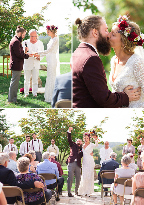 Outdoor wedding ceremony with bride and groom kissing