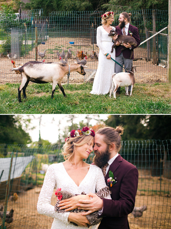Farm wedding: Bride groom goats chickens unique rustic