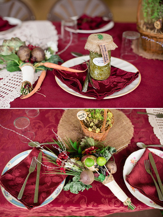 Unique wedding table decor with vegetables and pesto jar
