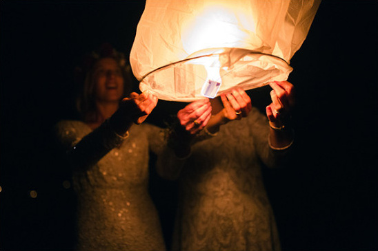 Two women launch a glowing sky lantern at night