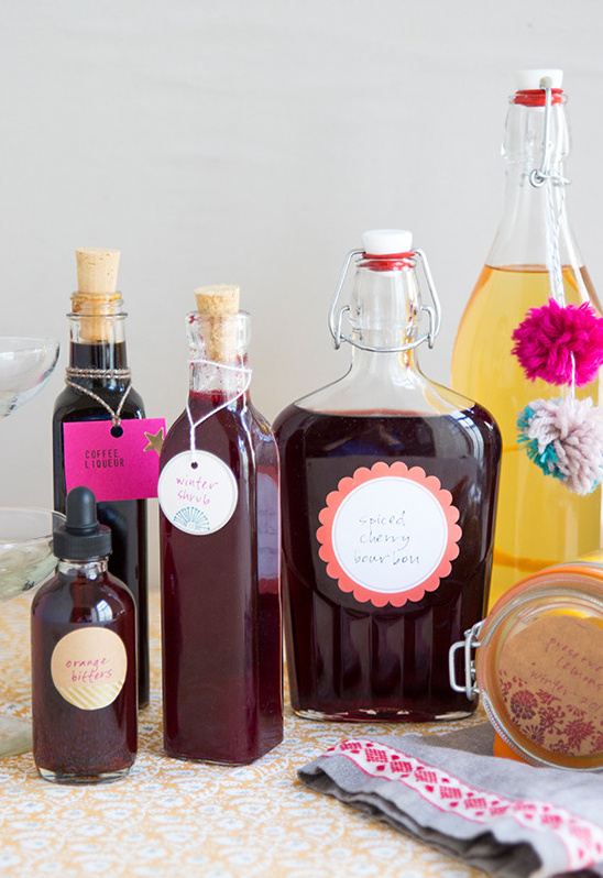 Homemade liqueurs and bitters in decorative bottles