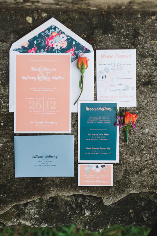 Peach and blue wedding invitation suite