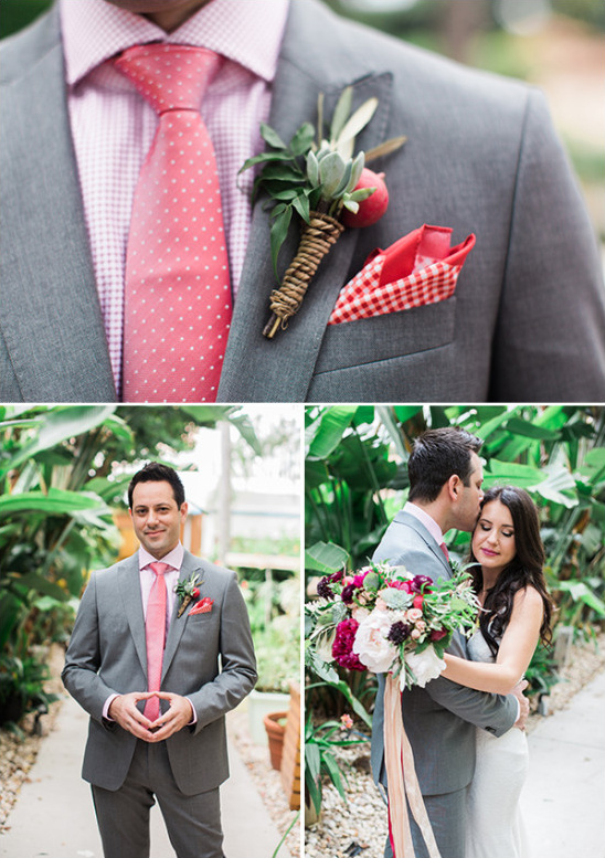 Groom in grey suit with pink tie and pocket square