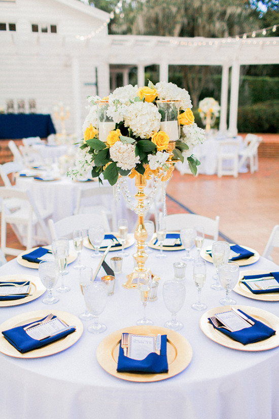 gold white and blue table decor