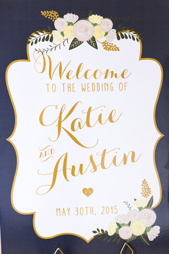 blue and gold wedding sign