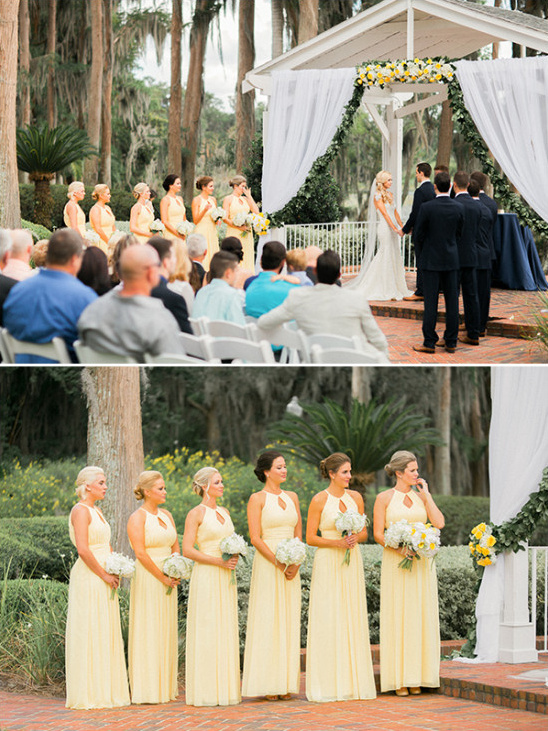 outdoor wedding ceremony bridesmaids in yellow