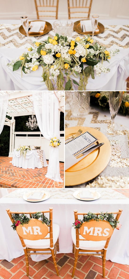 gold and white sweetheart table