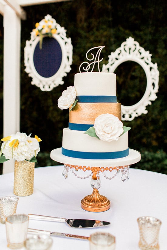 chic gold and blue wedding cake
