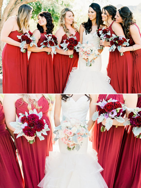 Bridesmaids in red with matching bouquets