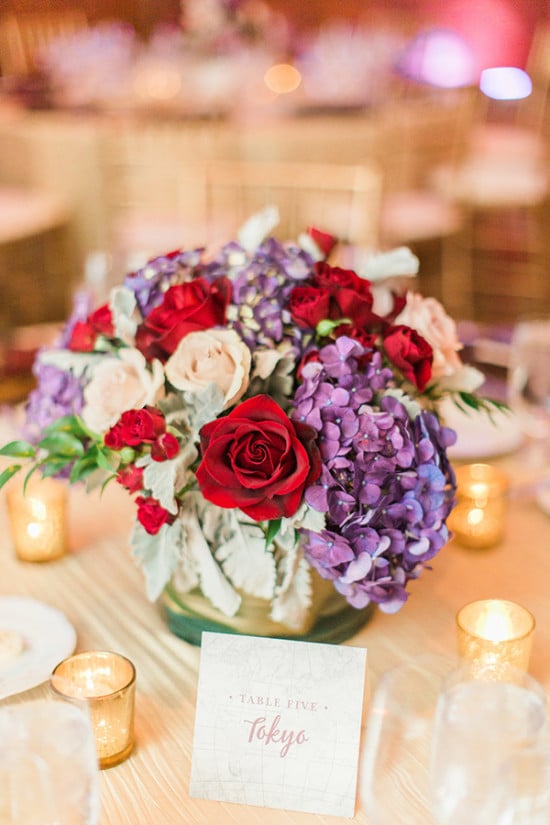 Purple and red table centerpiece idea