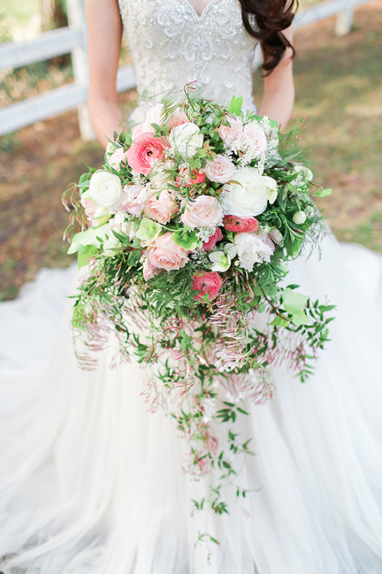 pink and white cascading bouquets