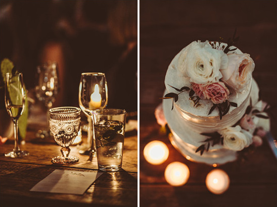 candle lite wedding reception and flower topped cake