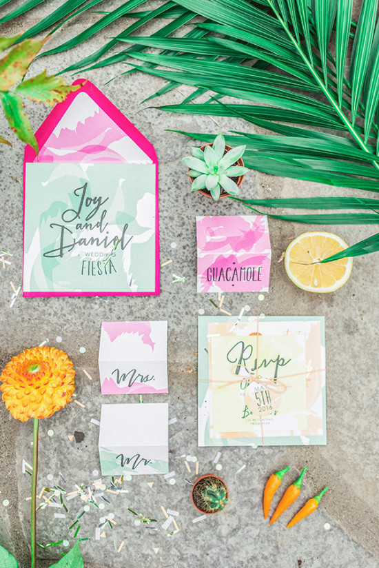 Fiesta wedding invitation with colorful decor and tropical vibes