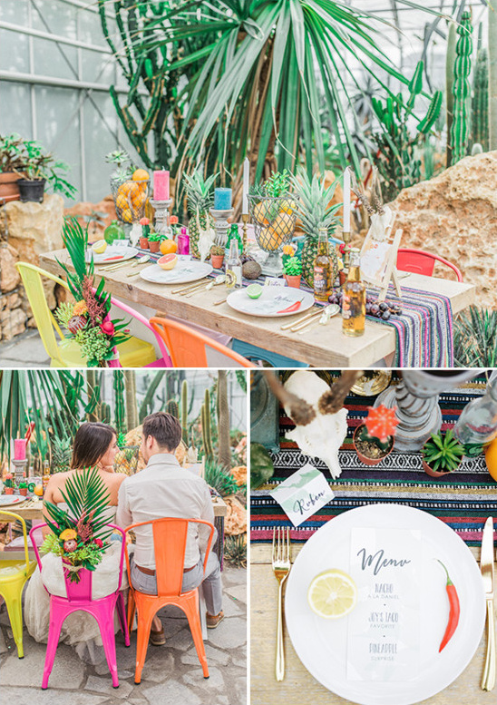 Colorful tropical wedding table with vibrant floral decorations
